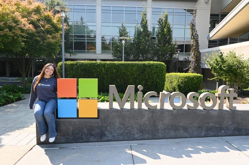 Sam at the Microsoft campus sign in Redmond